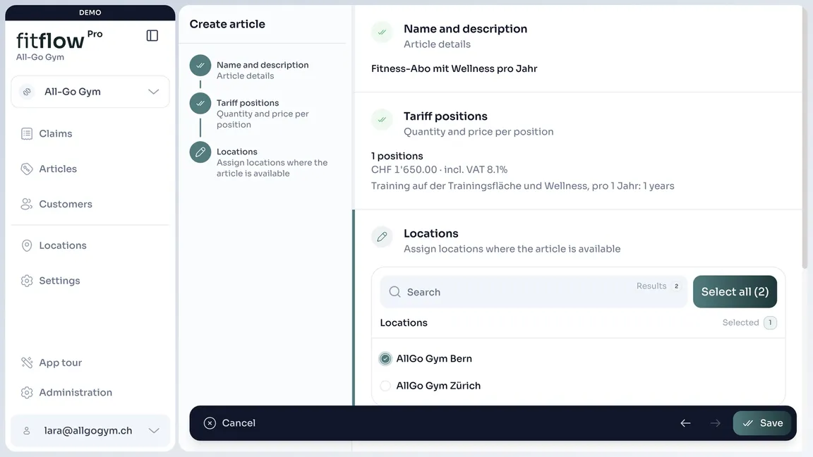 Creating an article in fitflowPro: name, tariff positions and locations
