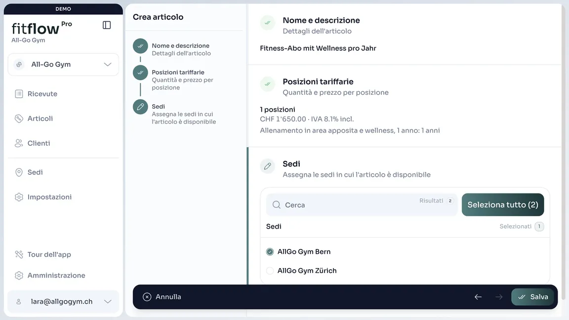 Creare un articolo in fitflowPro: nome, posizioni tariffali e sedi
