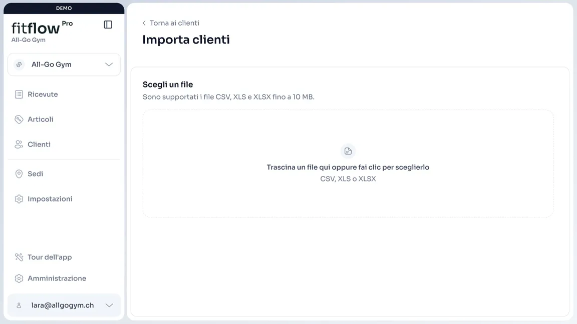 Importare clienti in fitflowPro da un file CSV, XLS o XLSX