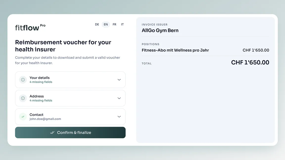 Customer link: the customer completes missing details and finalises the voucher