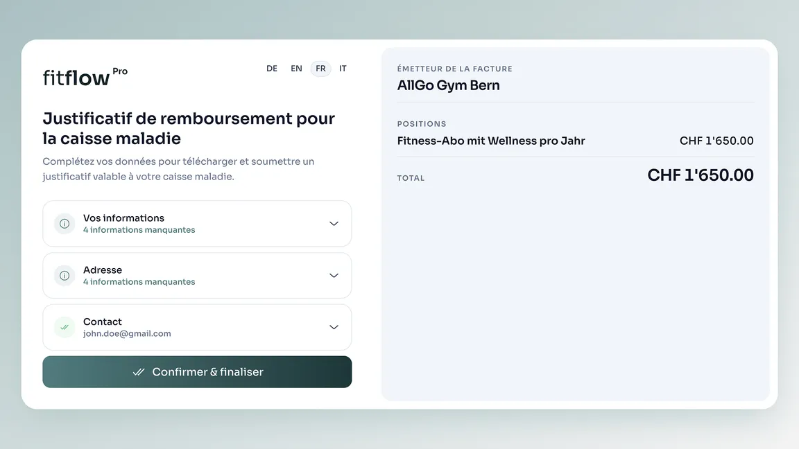 Lien client : la cliente complète les données manquantes et finalise le justificatif