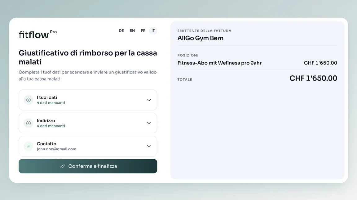 Link cliente: la cliente completa i dati mancanti e conclude il giustificativo