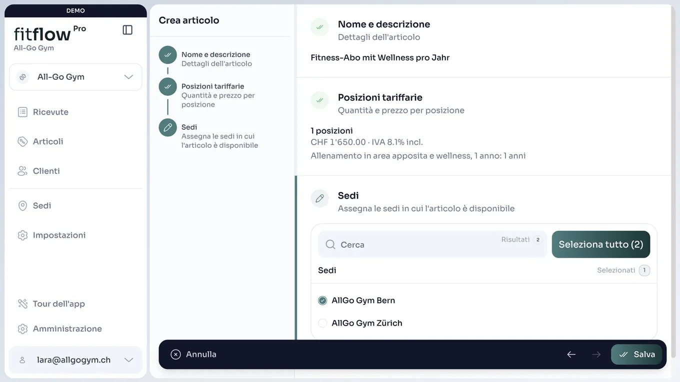 Creare un articolo in fitflowPro: nome, posizioni tariffali e sedi