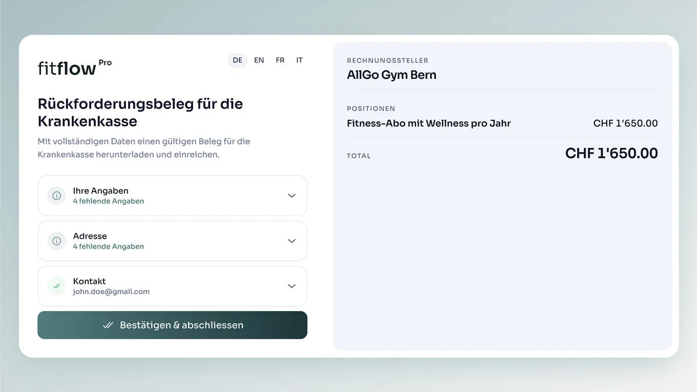 Kunden-Link: Die Kundin ergänzt fehlende Angaben und schliesst den Beleg ab