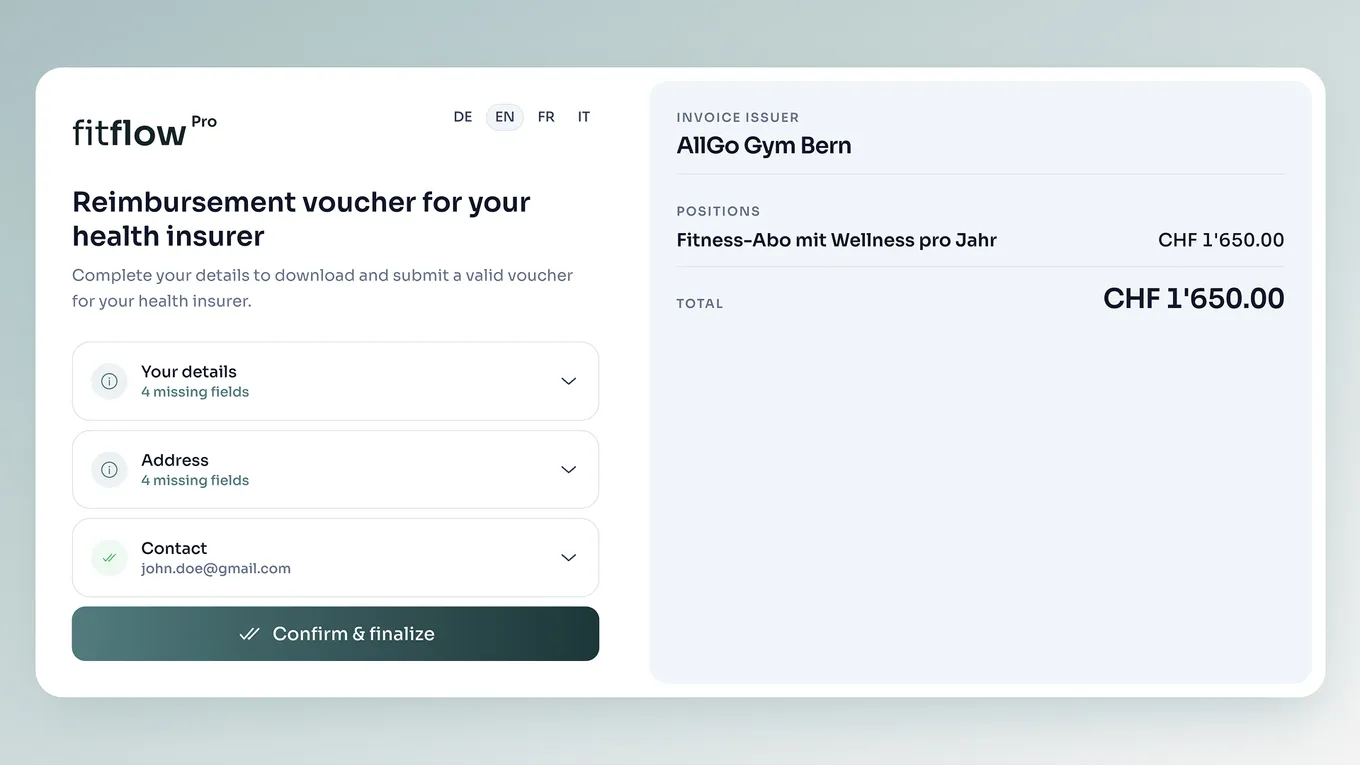 Customer link: the customer completes missing details and finalises the voucher