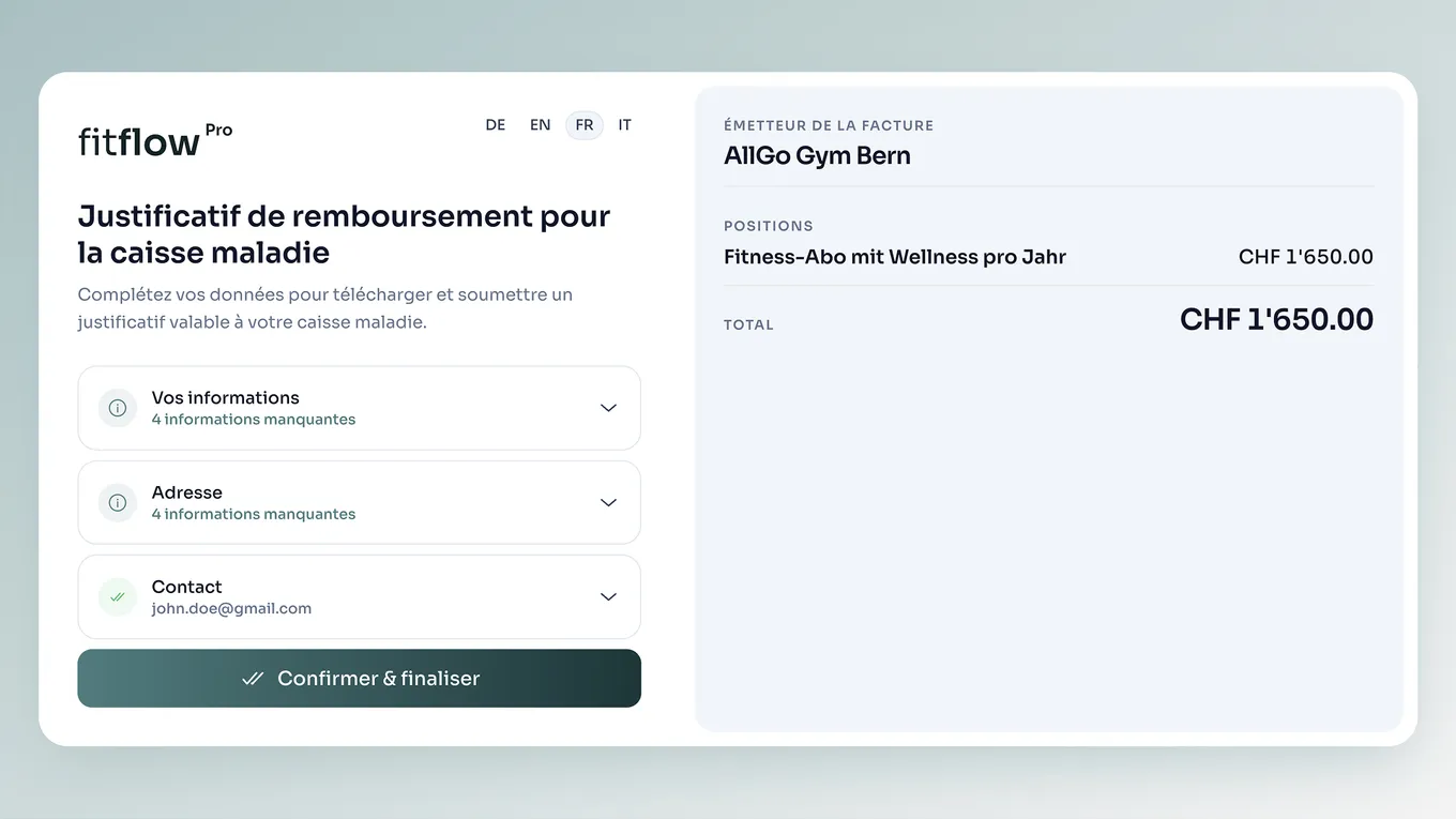 Lien client : la cliente complète les données manquantes et finalise le justificatif