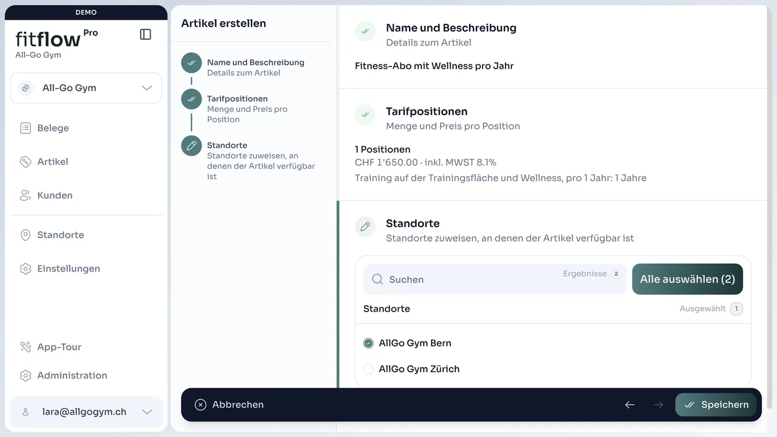 Artikel mit Tarifposition, Preis und Standorten in fitflowPro erstellen