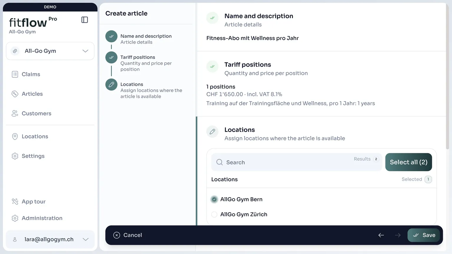 Creating an article with tariff position, price and locations in fitflowPro