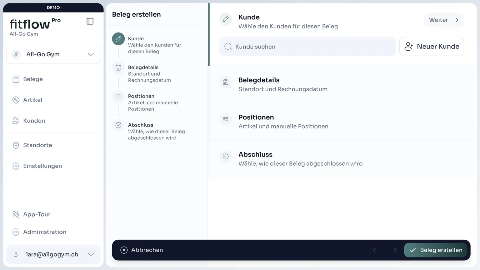 Abrechnungs-Assistent in fitflowPro mit Kunde, Details, Positionen und Abschluss