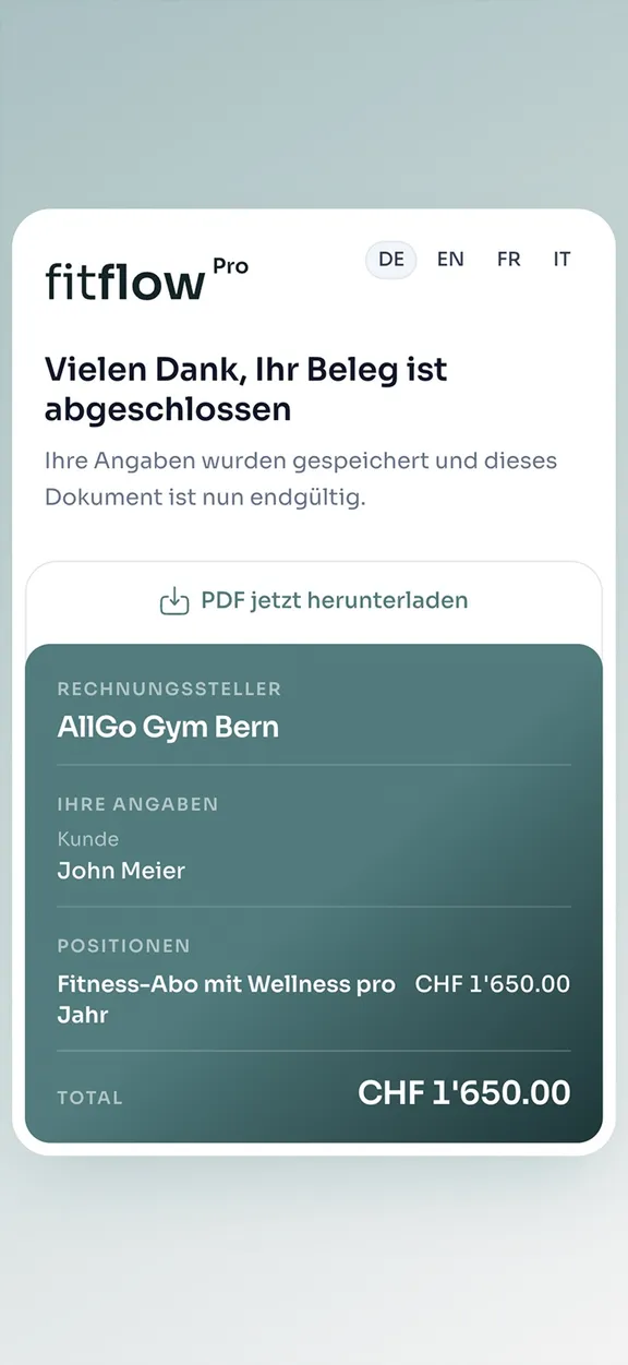 Abgeschlossener Beleg mit PDF-Download auf dem Smartphone