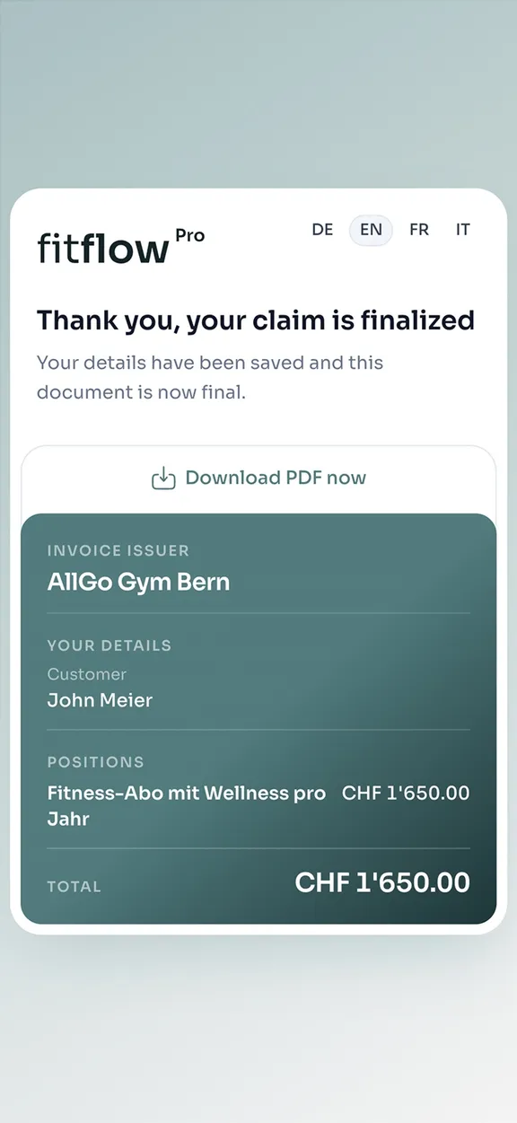Completed voucher with PDF download on a smartphone