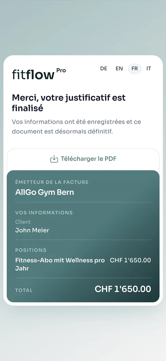 Justificatif finalisé avec téléchargement PDF sur smartphone